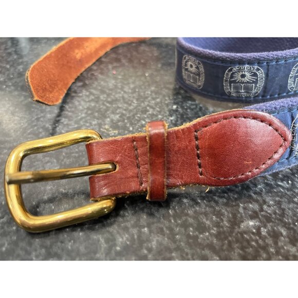 Vintage 1980s Amherst College Belt Leather & Cloth Solid Brass Buckle Adjustable - Picture 9 of 9